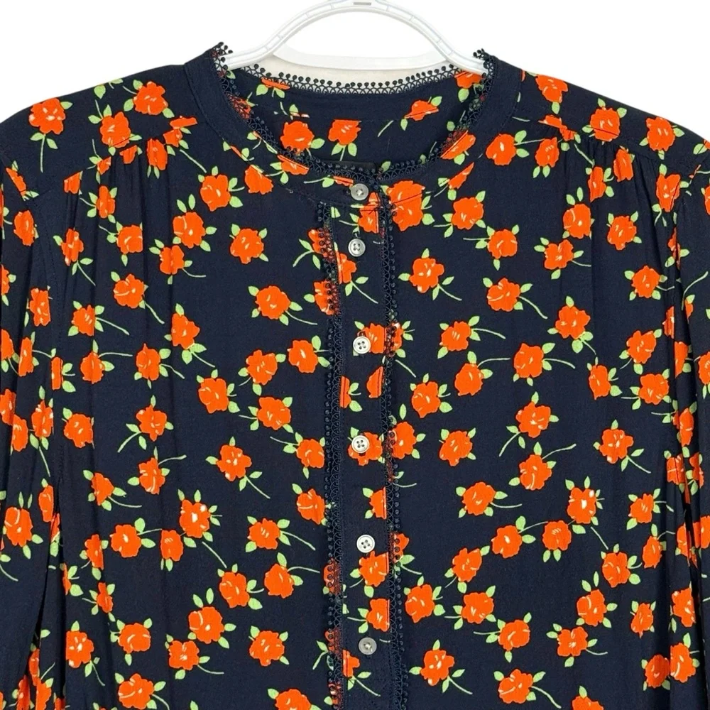 J.Crew Re-Imagined Navy Floral Viscose Blouse Long Sleeve Boho Top Size L